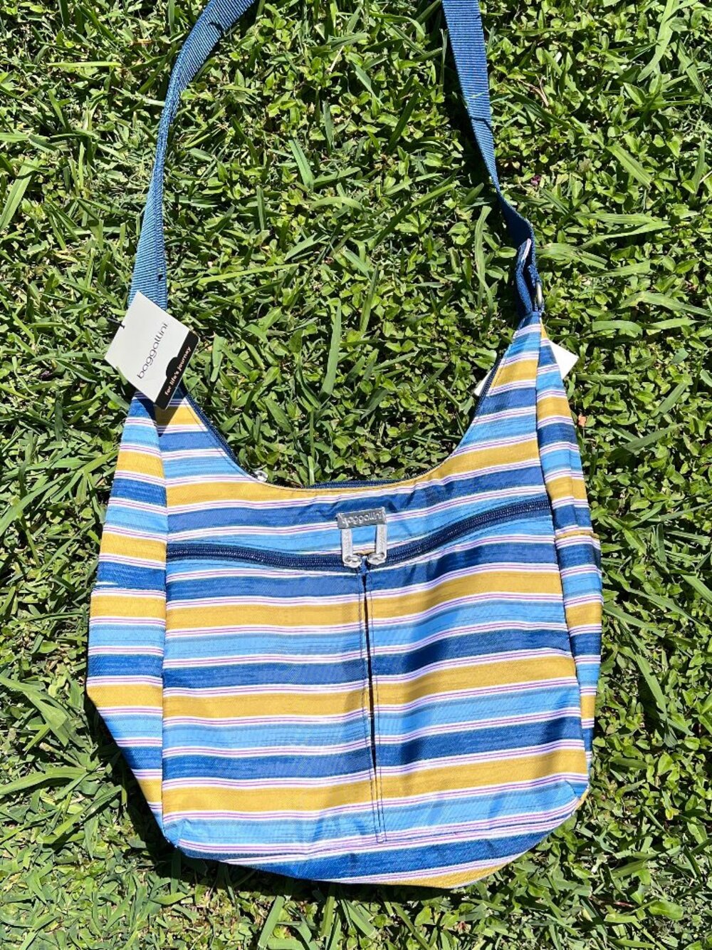 BNWT Baggallini Blue Green Striped Shoulder Strap Crossbody Purse w/Pink Liner